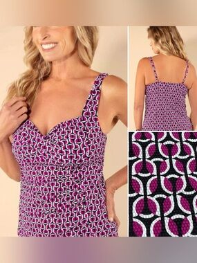 NWT Lands End Geo Print Textured Twist-Front Shirred Tankini Adjust Swim Top XS